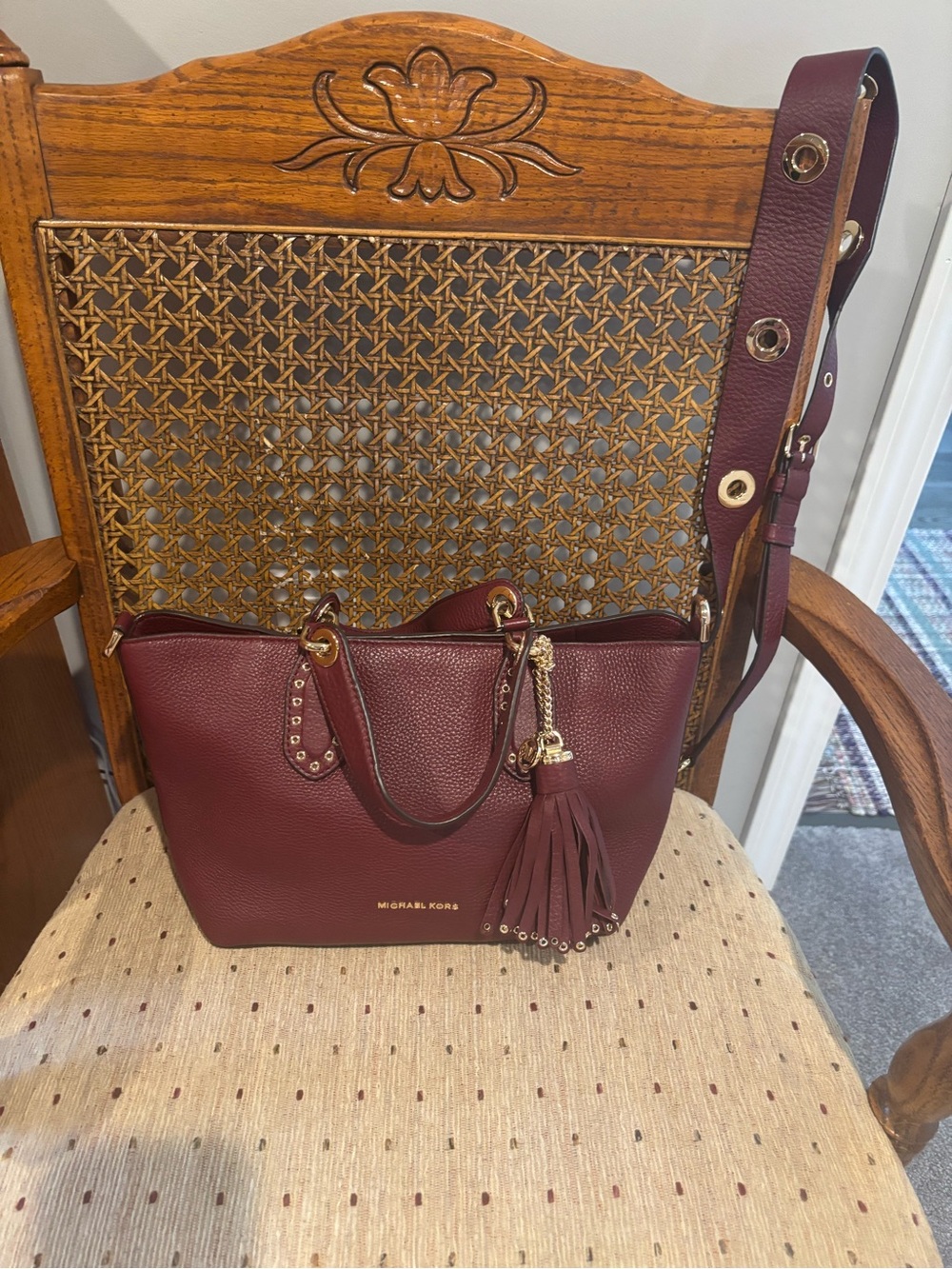 Michael Kors Wine Leather Shoulder Tote with Tassel